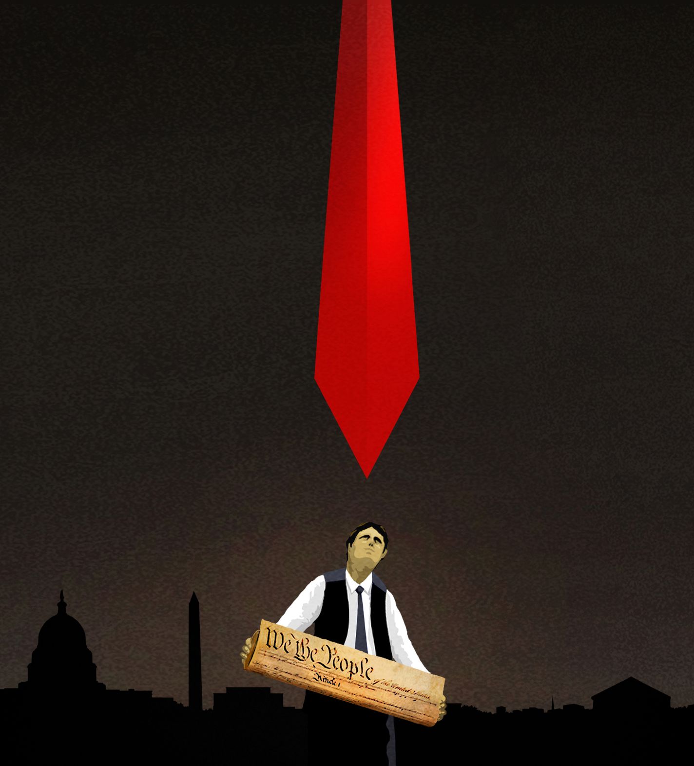 An employee of the United States Department of Justice cowers under the tip of a red tie representing the sword of Damocles. He holds in his hands a copy of the United States Constitution