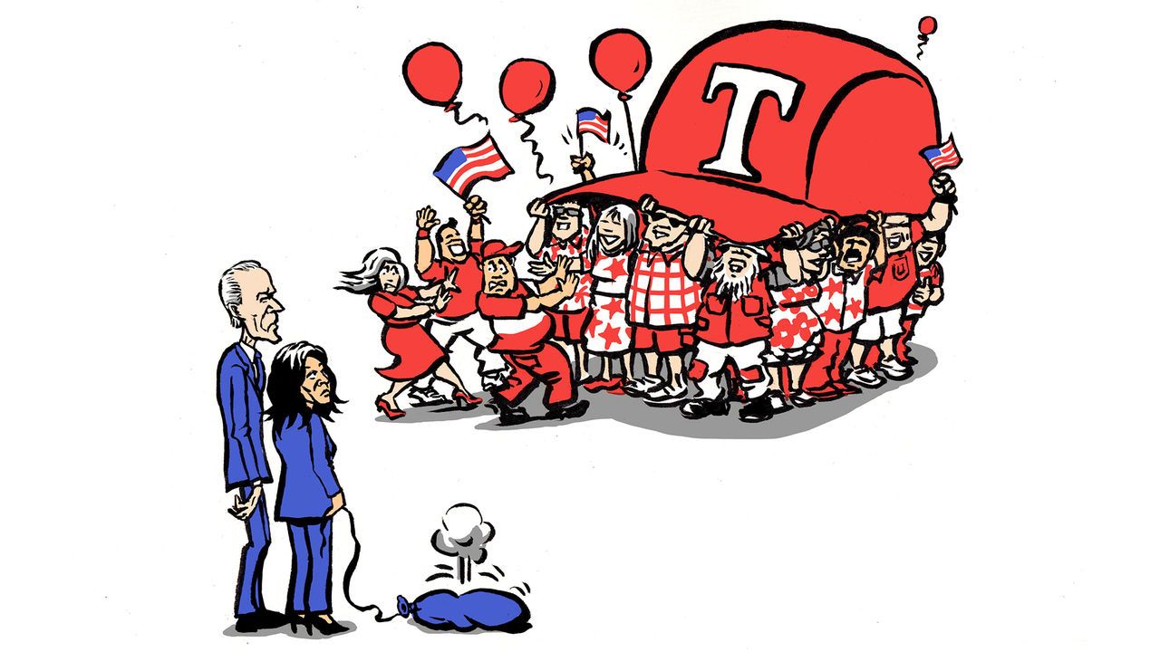 Joe Biden and Kamala Harris, who is holding a deflated blue balloon, stand in front of a giant red Trump baseball cap under which lots of flag-waving Trump supporters in red are standing.