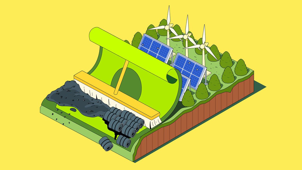 An illustration showing the transition from fossil fuels to clean energy and the costs associated with it.