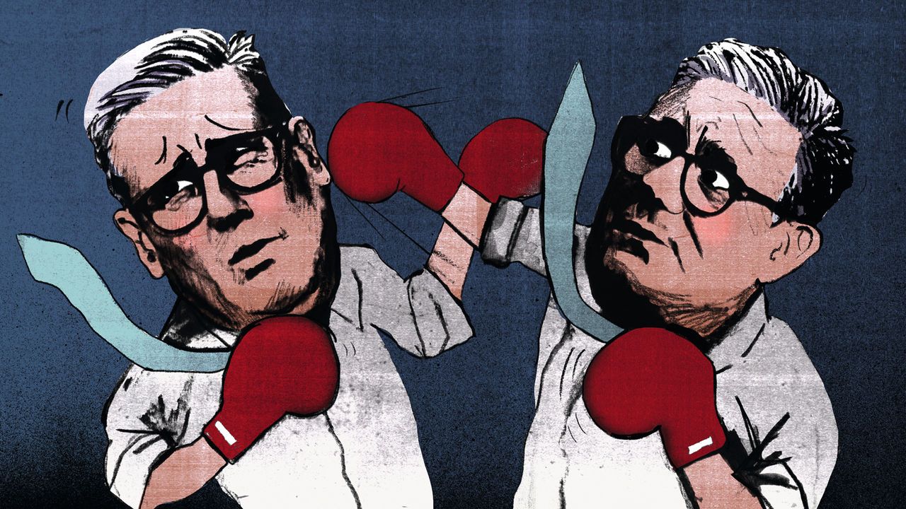 Illustration of Keir Starmer fighting with himself in boxing gloves