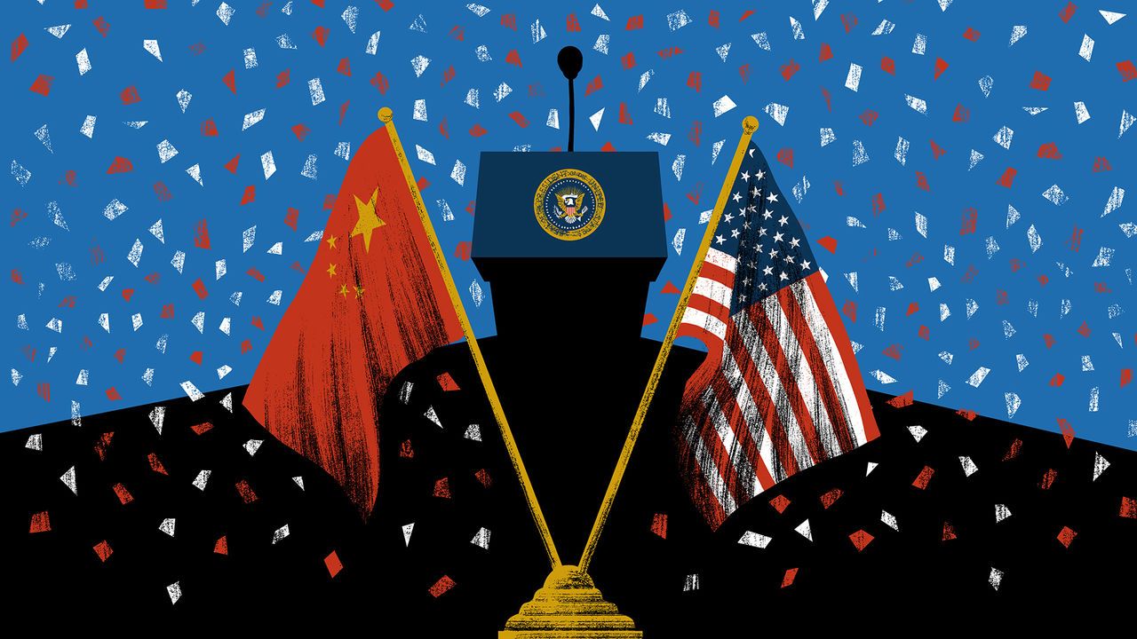 Illustration of the Chinese and US flags, with the US presidential lectern in the middle