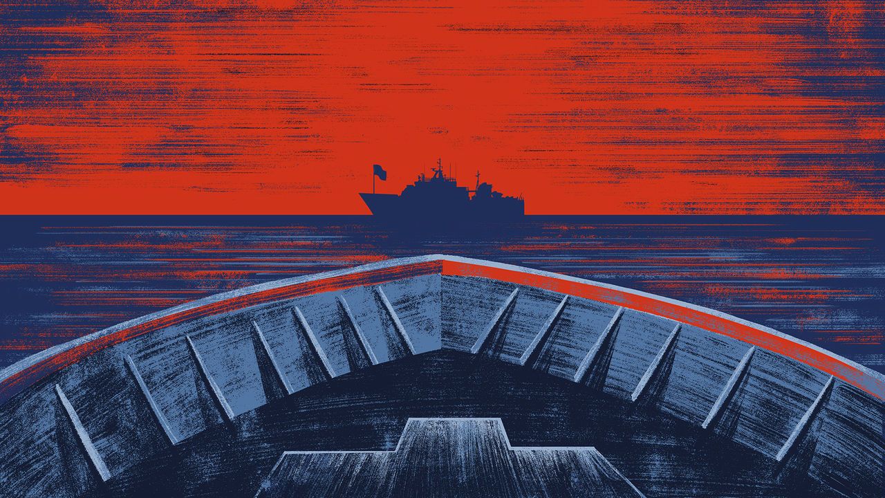 A boat in the distance, viewed from another boat. The sky is red, suggesting China.