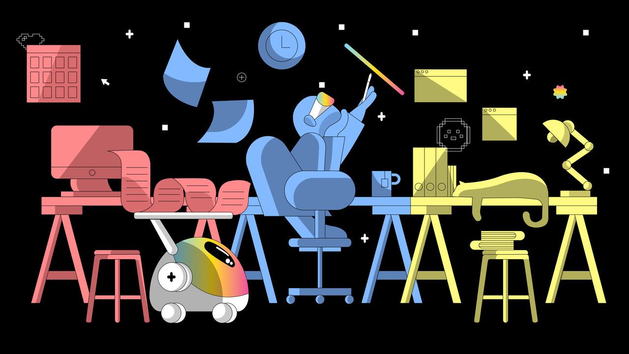 Illustration of a robot at work looking into the future