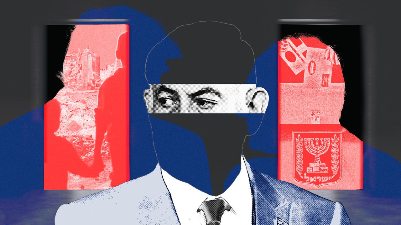 Collage of Benjamin Netanyahu with other figures in the background. 