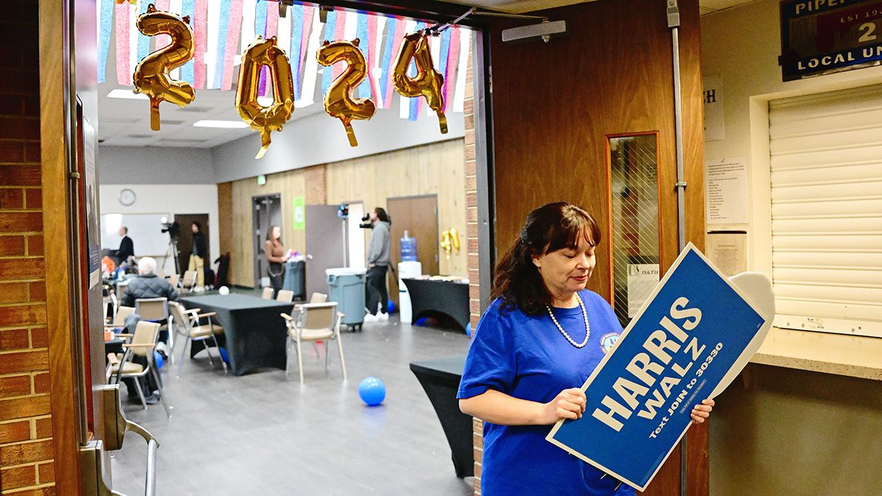 A 2024 balloon can be seen at an empty County Democrats Election Night Watch Party.