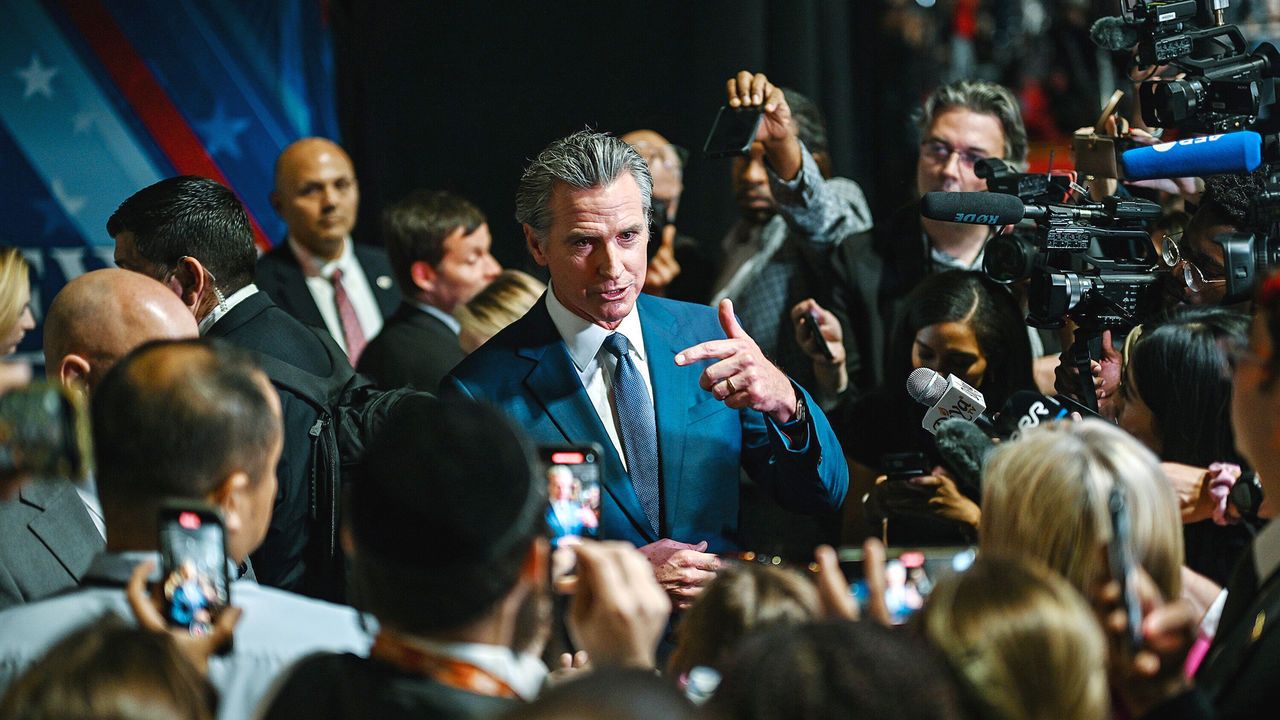 Gavin Newsom speaks to the press.