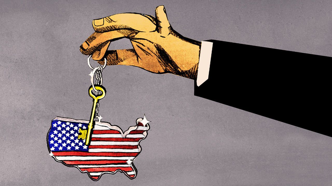 illustration of a hand in a suit holding a keychain shaped like the map of the United States, styled with the American flag's stars and stripes. The keychain is attached to a golden key.