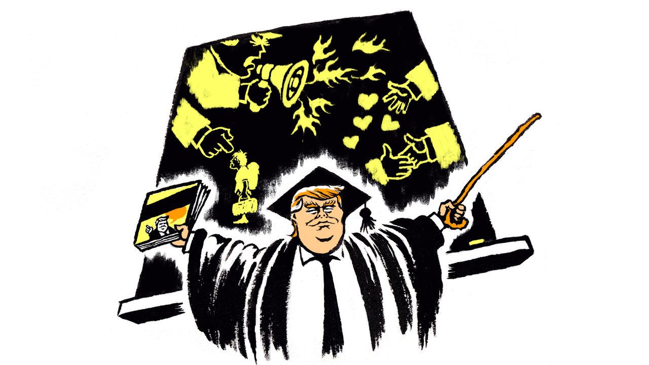 Cartoon of Donald Trump as a graduate with the Trump class book.