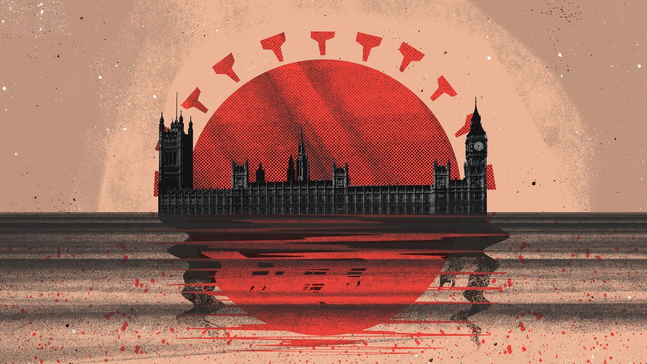 Illustration of a sun in the shape of a covid virus setting over the houses of parliament