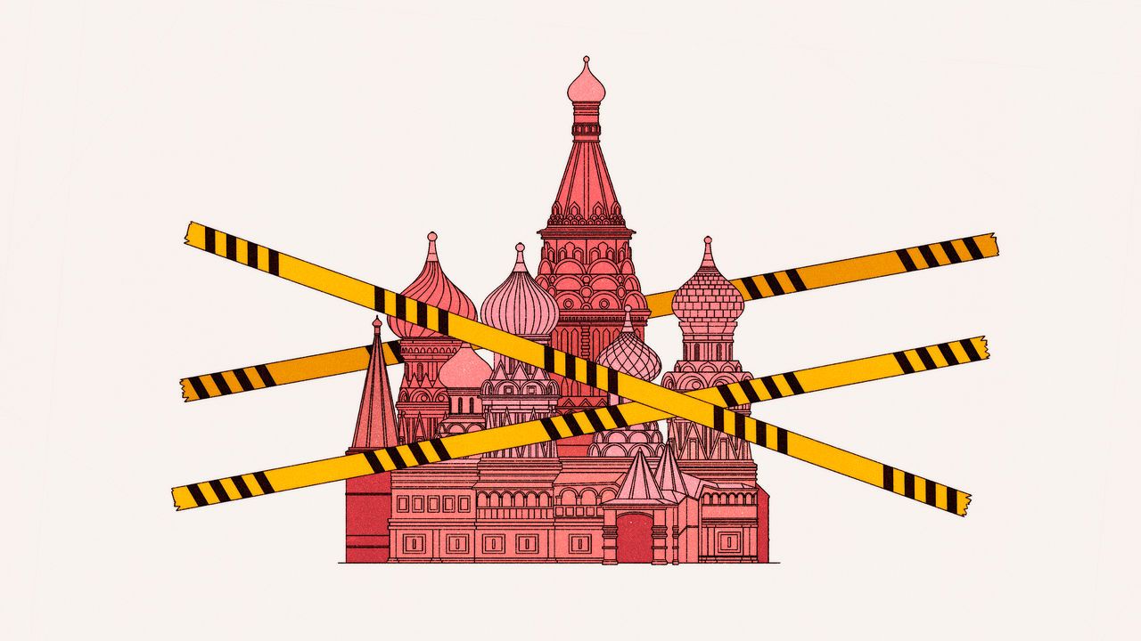 illustration of St. Basil's Cathedral crossed with yellow and black caution tape