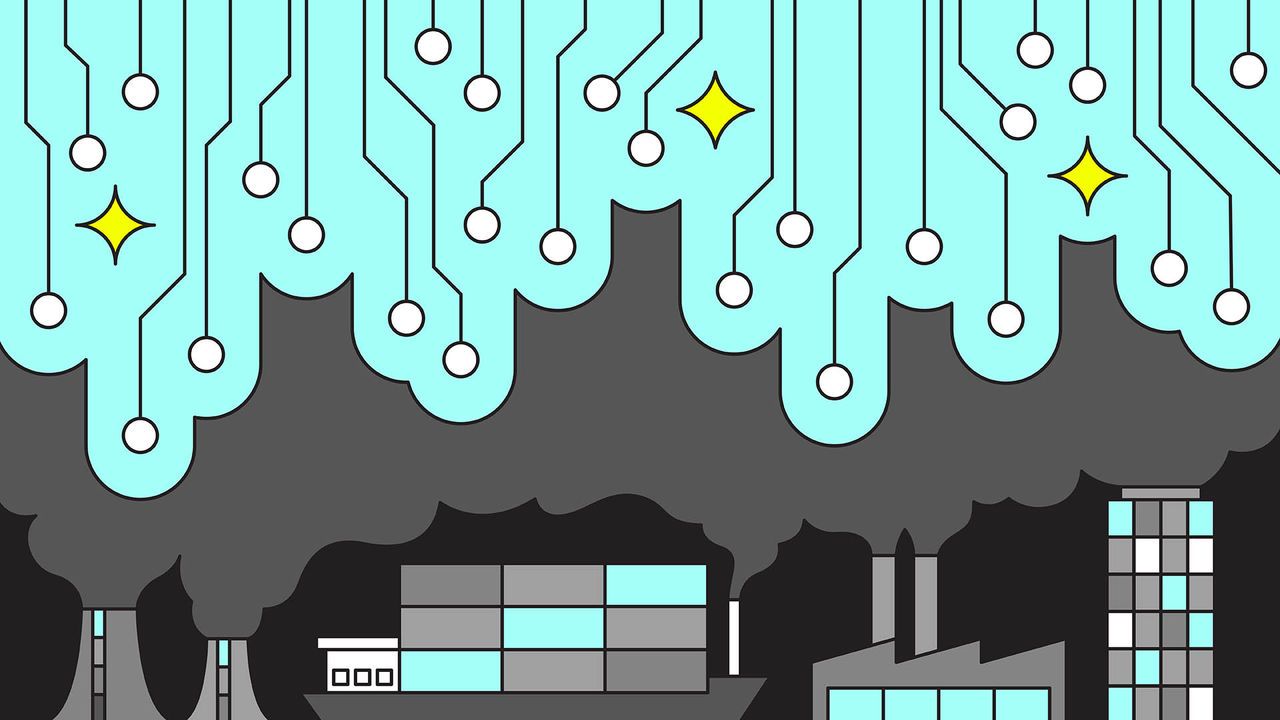 An illustration of industrial buildings with smoking chimneys creating a smog in the air which blends into circuit board-like patterns.
