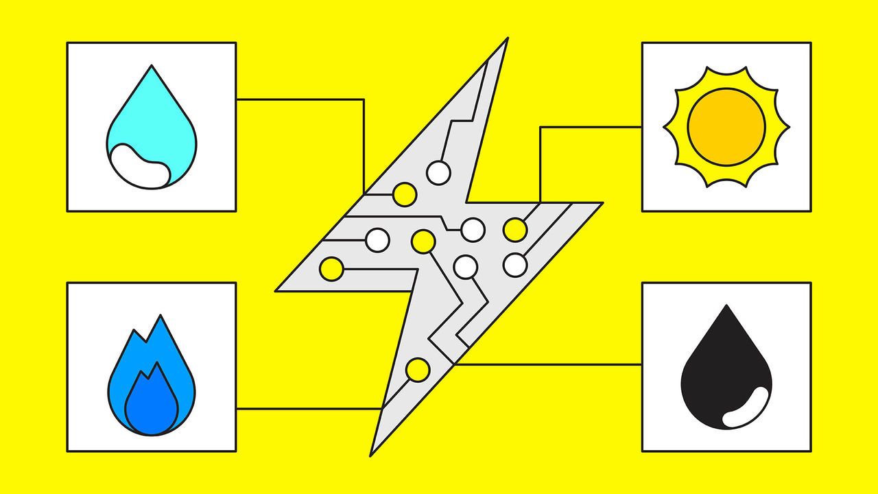An illustration depicting a lightning strike with a circuit board pattern in the centre with four boxes in each corner joined to it by a line. Each box contains a symbol to represent water, oil, fire and the sun. 