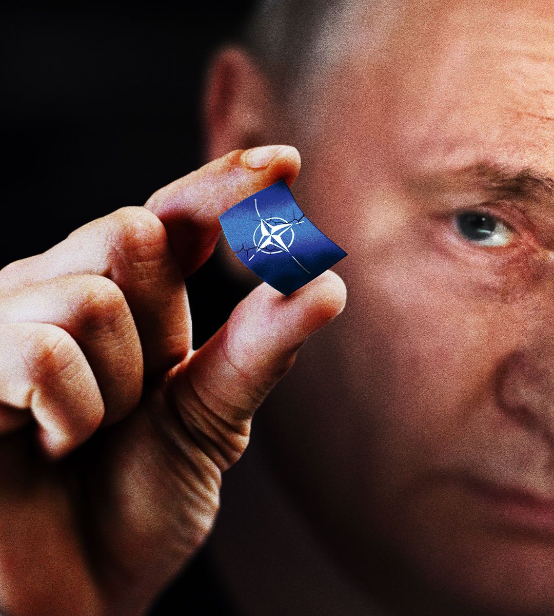 Vladimir Putin squeezing a tiny NATO flag