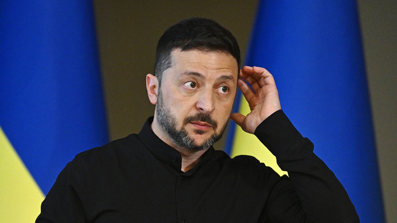 Ukraine's President Volodymyr Zelensky holds a press conference in Kyiv.