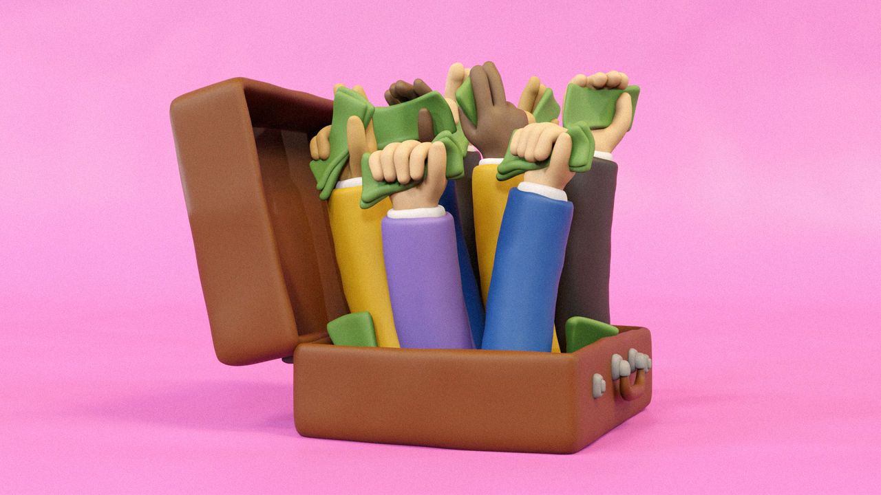 An illustration of  a briefcase burt open with arms reaching out holding bunches of banknotes.