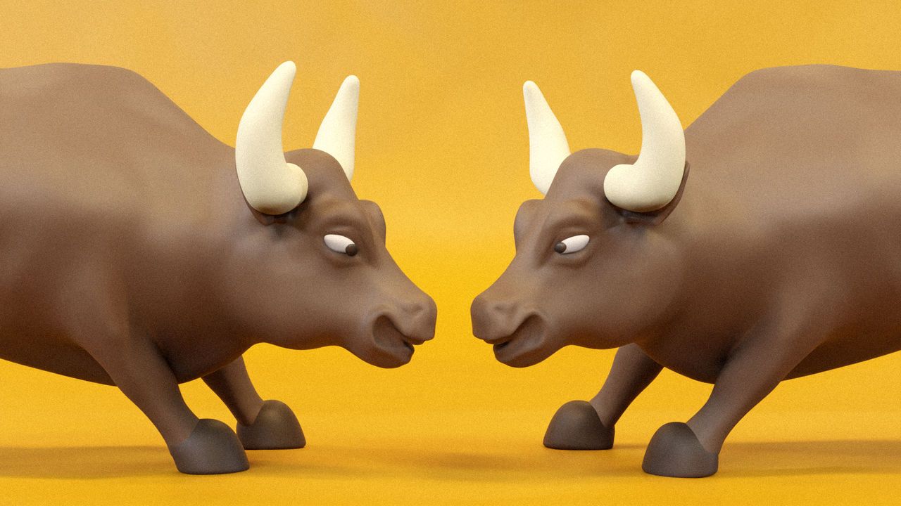 An illustration of two bulls facing off against each other.