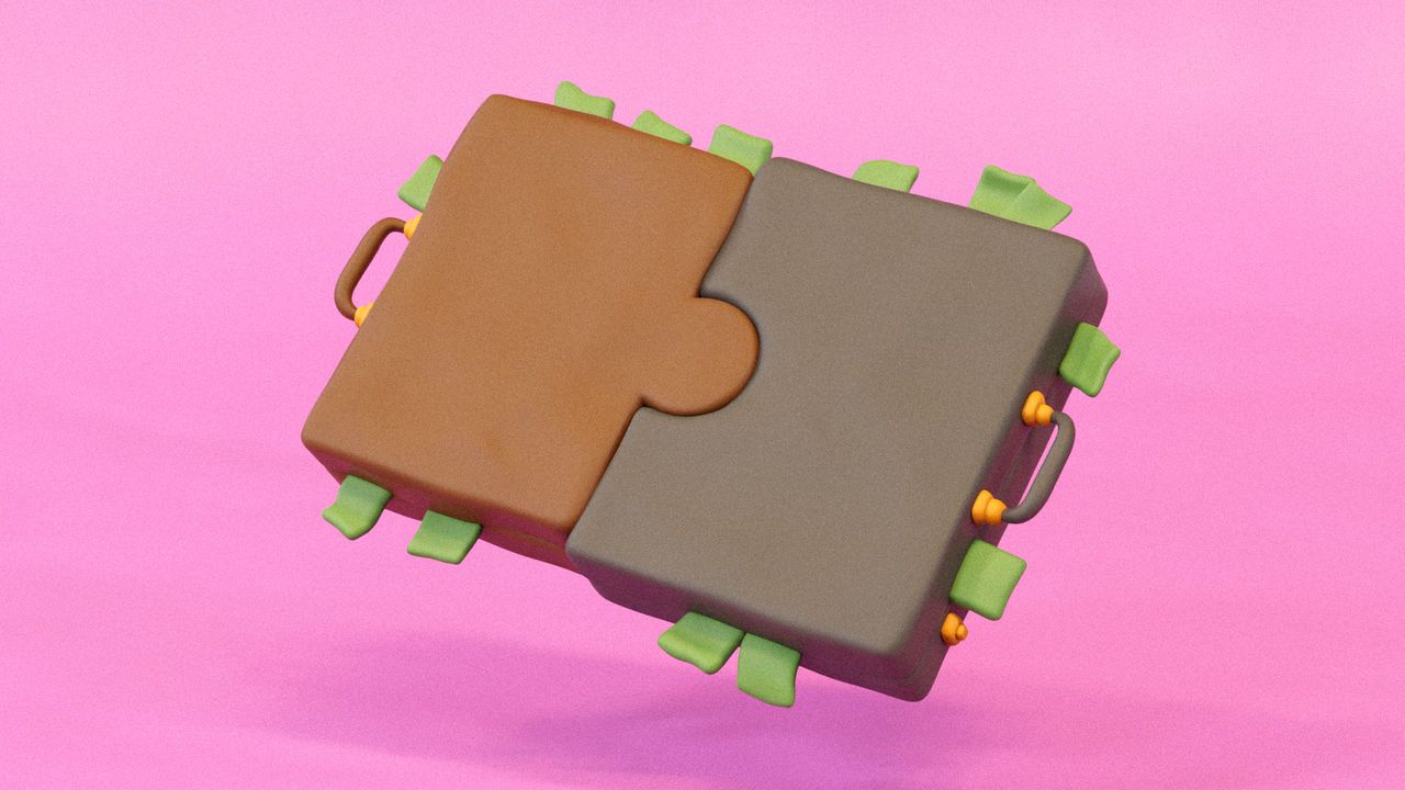 An illustration of two briefcases merging like puzzle pieces with bank notes bursting out from the sides.