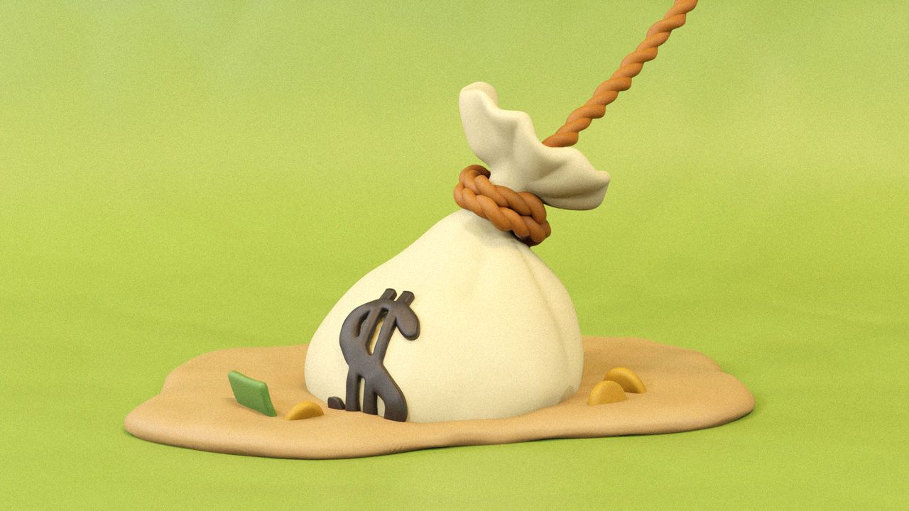 An illustration of a money bag with a dollar sign on the side stuck in a puddle of quick sand. A rope tied around the top of the bag is being pulled from the side. Some coins and a bank note are sinking in the sand.