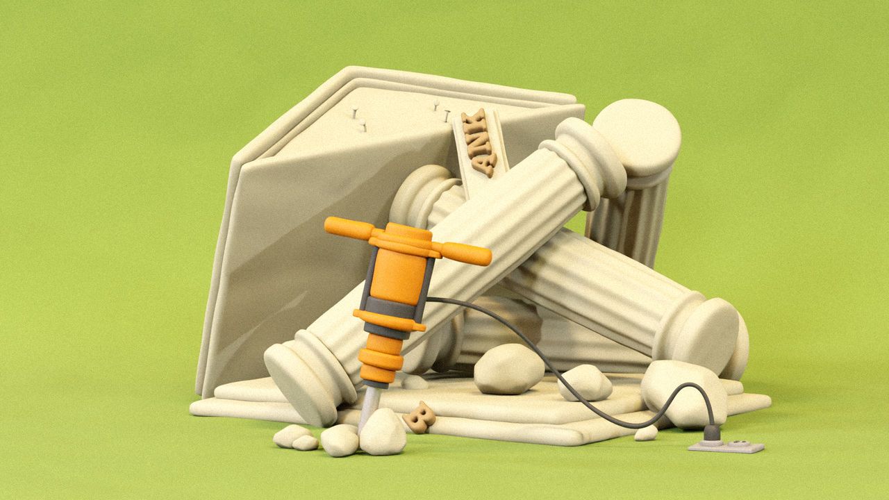 An illustration of a traditional bank building that has been destroyed by a jackhammer.