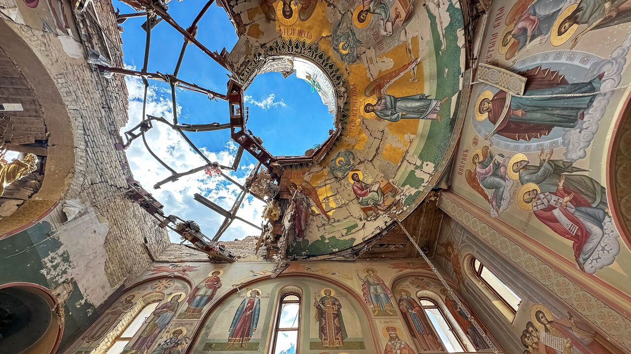A church damaged by Russian military strikes in the front line town of Kostyantynivka, Ukraine