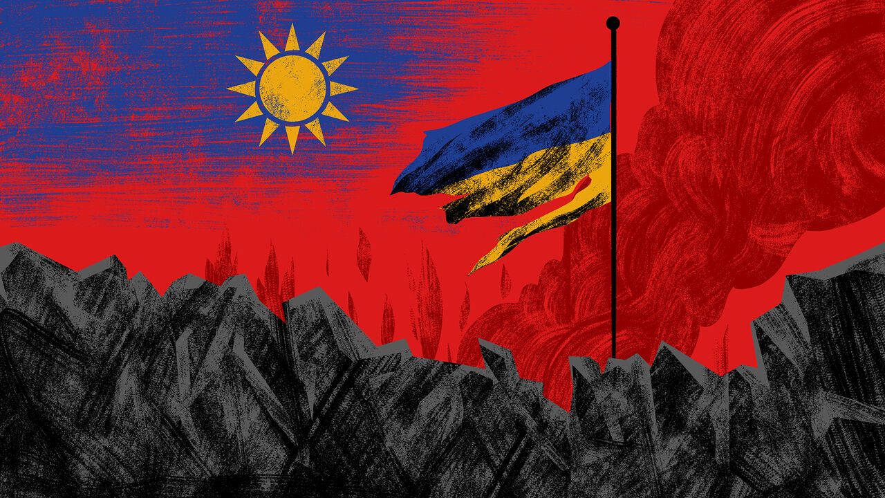 The Ukraine flag planted on rubble, with the sun of the Taiwan flag coming out in the background.