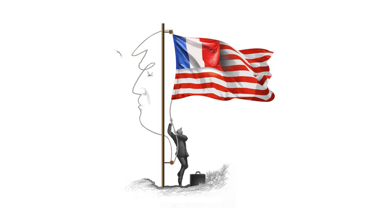 A man hoists an American which has had its stars replaced by the French Tricolore