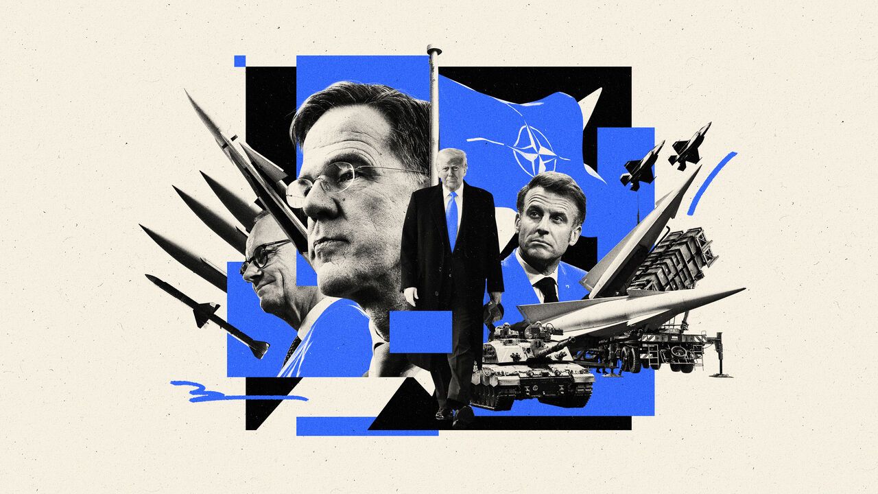 This illustration shows political leaders, military missiles, tanks, and fighter jets with a NATO flag in the background. The design uses bold black, white, and blue colors, suggesting themes of war, defense, and international politics.