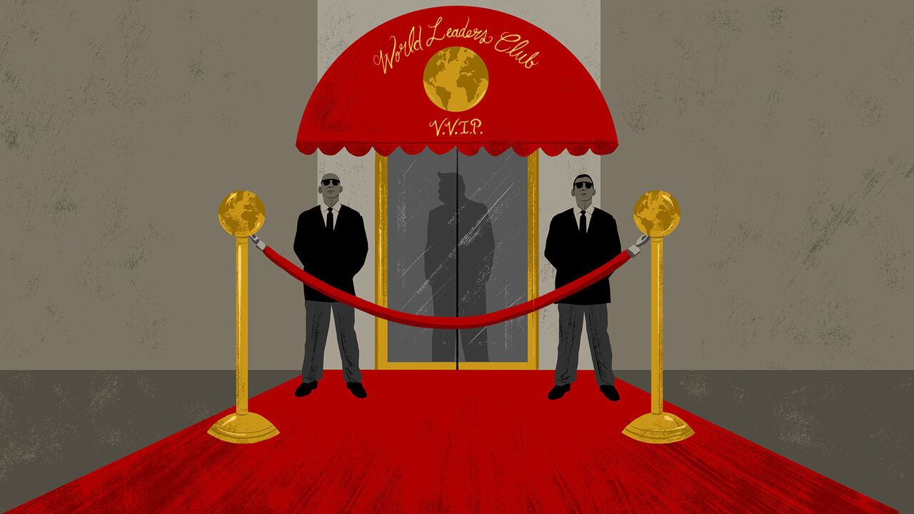 Illustration of the entrance of a club called 'World Leaders Club VVIP'. Trump's silhouette is in the door. 
