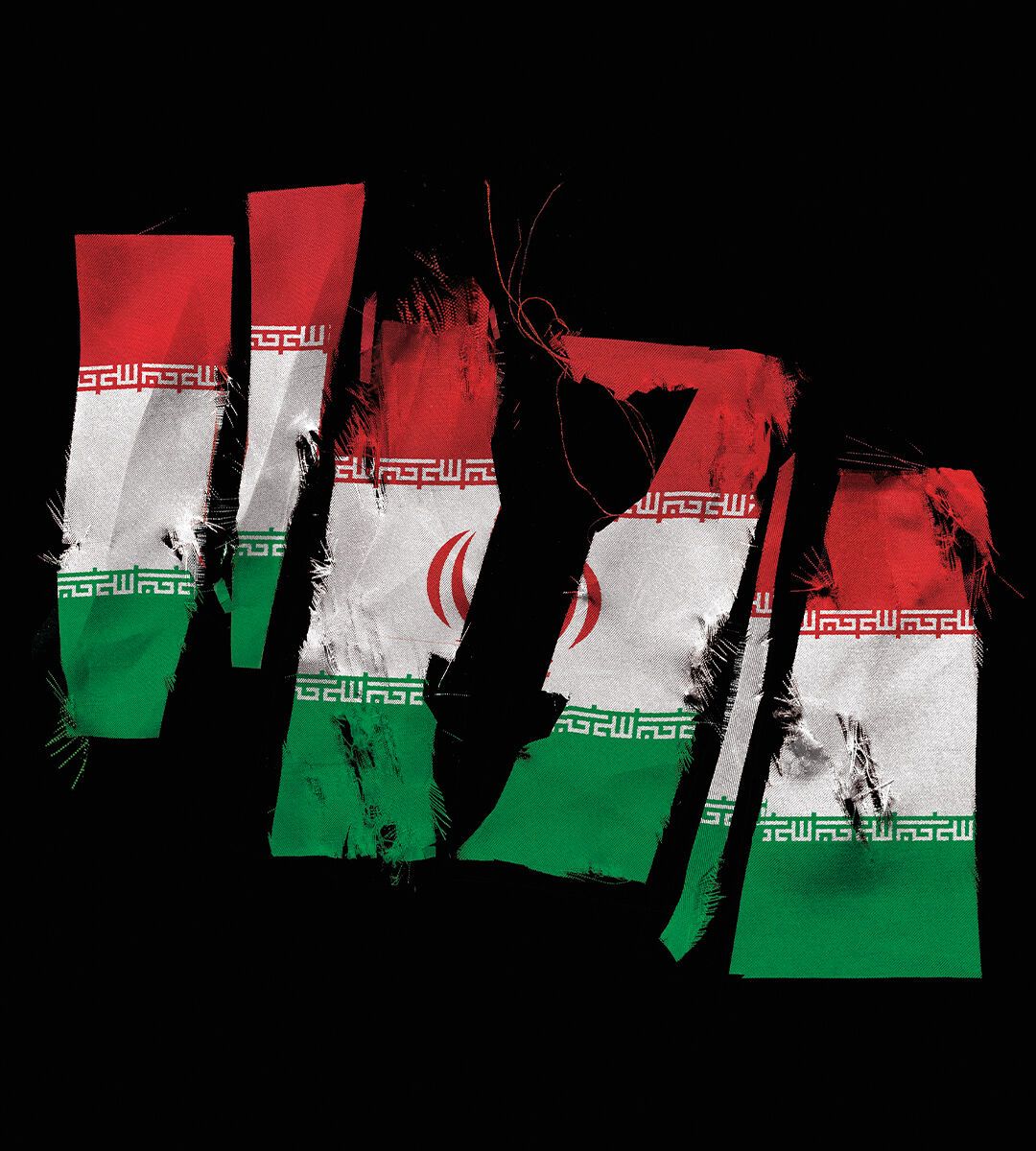 A torn Iranian flag with a missile-shaped negative space at the center of the rip.