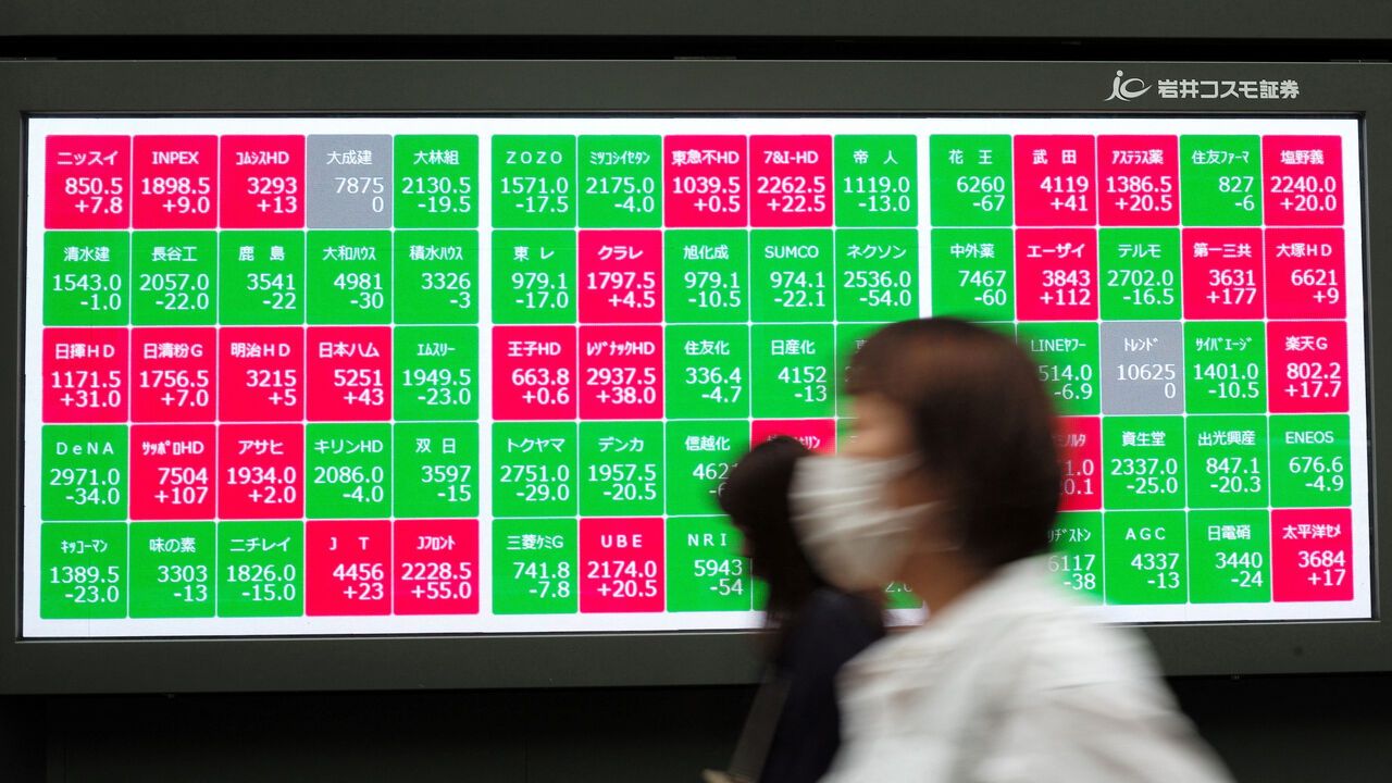 Pedestrians walk past an electronic board showing the Nikkei 225 index on the Tokyo Stock Exchange along a street in central Tokyo, Japan.
