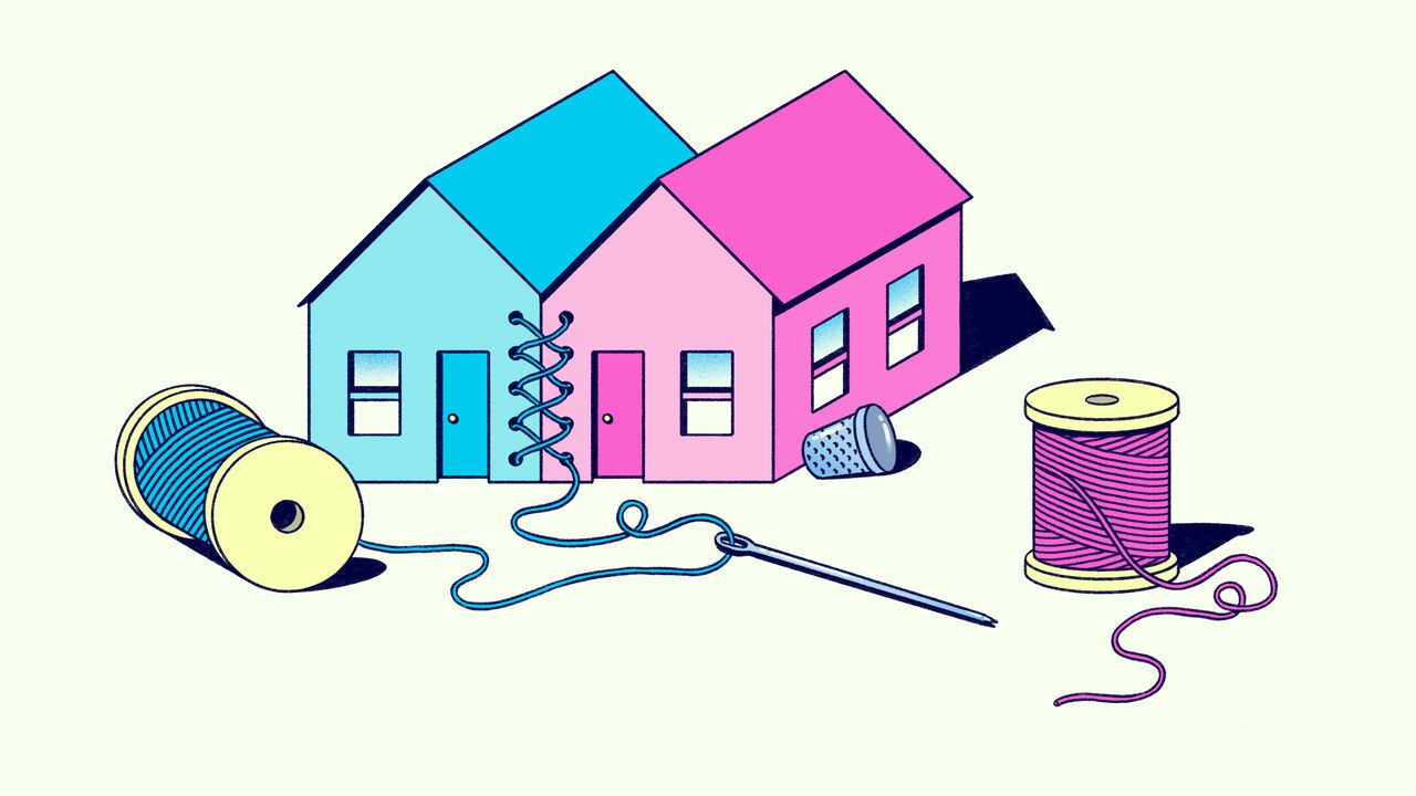 An illustration of a blue house and a pink house tied together