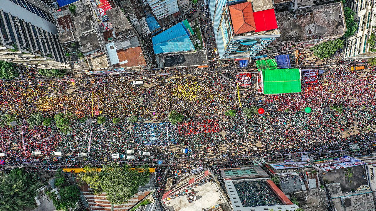 An aerial view shows a protest by Bangladesh Nationalist Party activists in Dhaka  