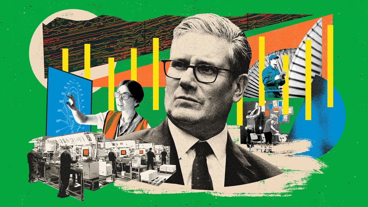 A collage of Keir Starmer with the industries mentioned in the Industrial strategy report.