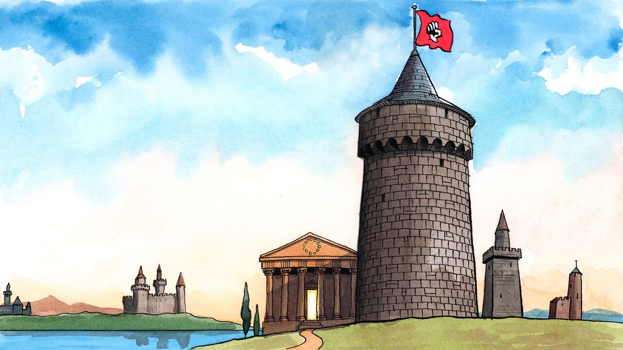 This illustration shows a tall stone tower with a red flag on top, bearing a white fist symbol. Next to it stands a classical temple-like building with columns and a glowing doorway. In the background, there’s a castle by a lake under a bright blue sky w