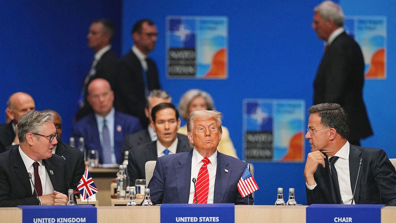 Britain's Prime Minister Keir Starmer, US President Donald Trump and NATO Secretary General Mark Rutte attending a NATO meeting