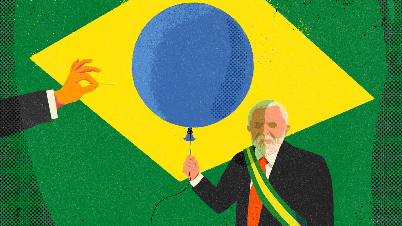 This illustration shows Luiz Inácio Lula da Silva in a suit with Brazil's presidential sash holding a large blue balloon. A hand with a pin is about to pop the balloon. The background is the Brazilian flag.