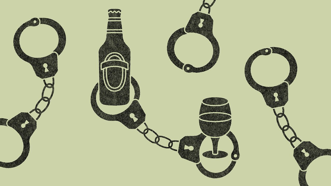 Illustration of a bottle of beer and a glass of wine chained by a pair of handcuffs