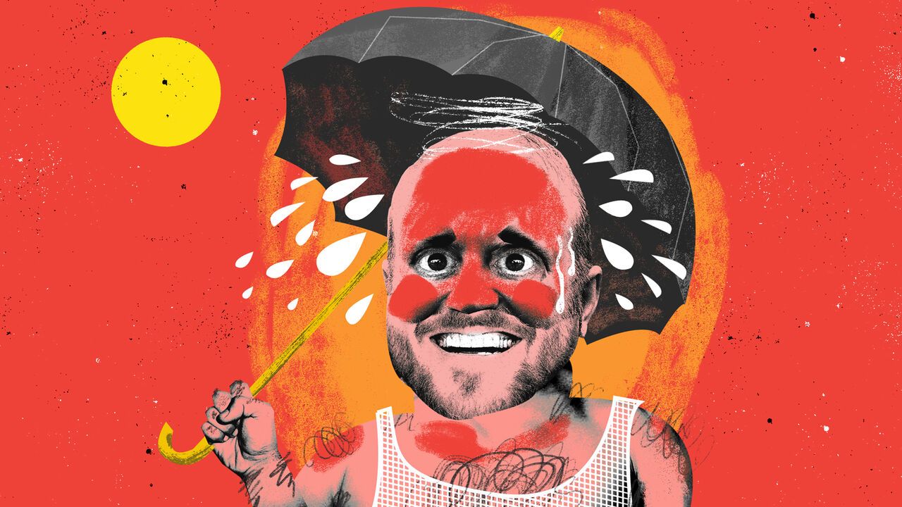 An illustration of a man wearing a tank top and holding a black umbrella whilst also sunburnt and sweating with a yellow sun against a bright red background.