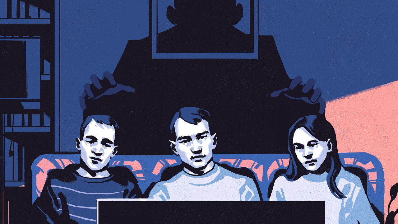 This illustration shows three people sitting on a couch, staring at a screen. Behind them looms a large shadowy figure with hands reaching toward them. The colors are dark and moody, creating a tense, eerie atmosphere.