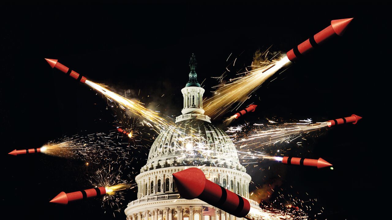 A photo illustration showing aggressive firecrackers erupting from the U.S. Capitol 