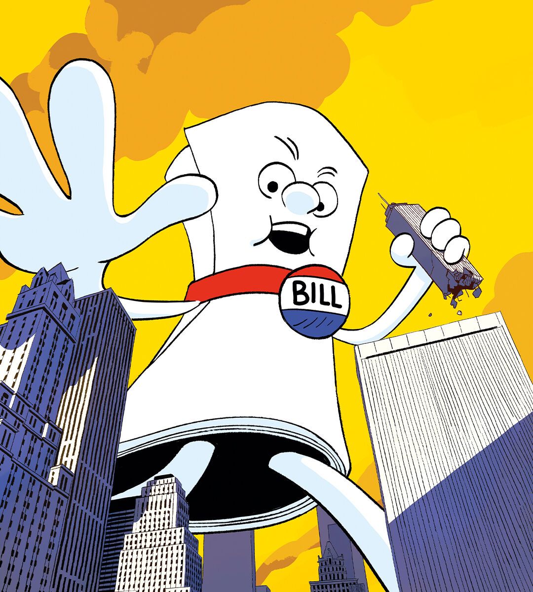 A giant 'I'm just a bill' monster wrecking an American city