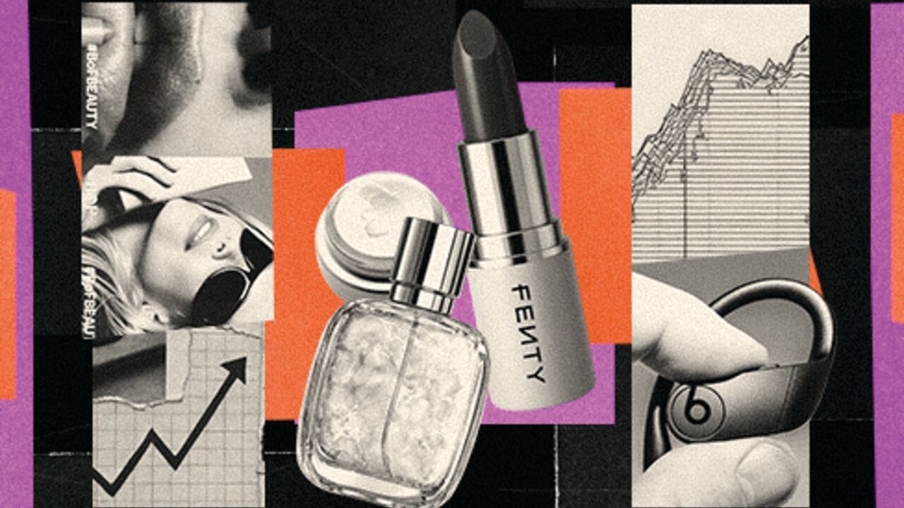 collage featuring a perfume bottle, a Fenty lipstick and cream pot in the centre and on the sides, crops of charts and a pic of beats headphones and beauty ads