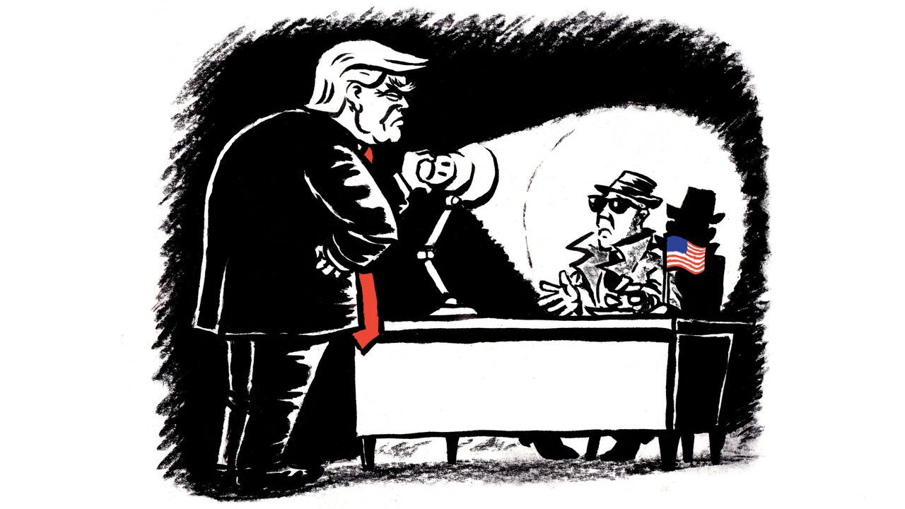 Illustration of Donald Trump shining a desk lamp at a spy sitting behind a desk with a little American flag on it
