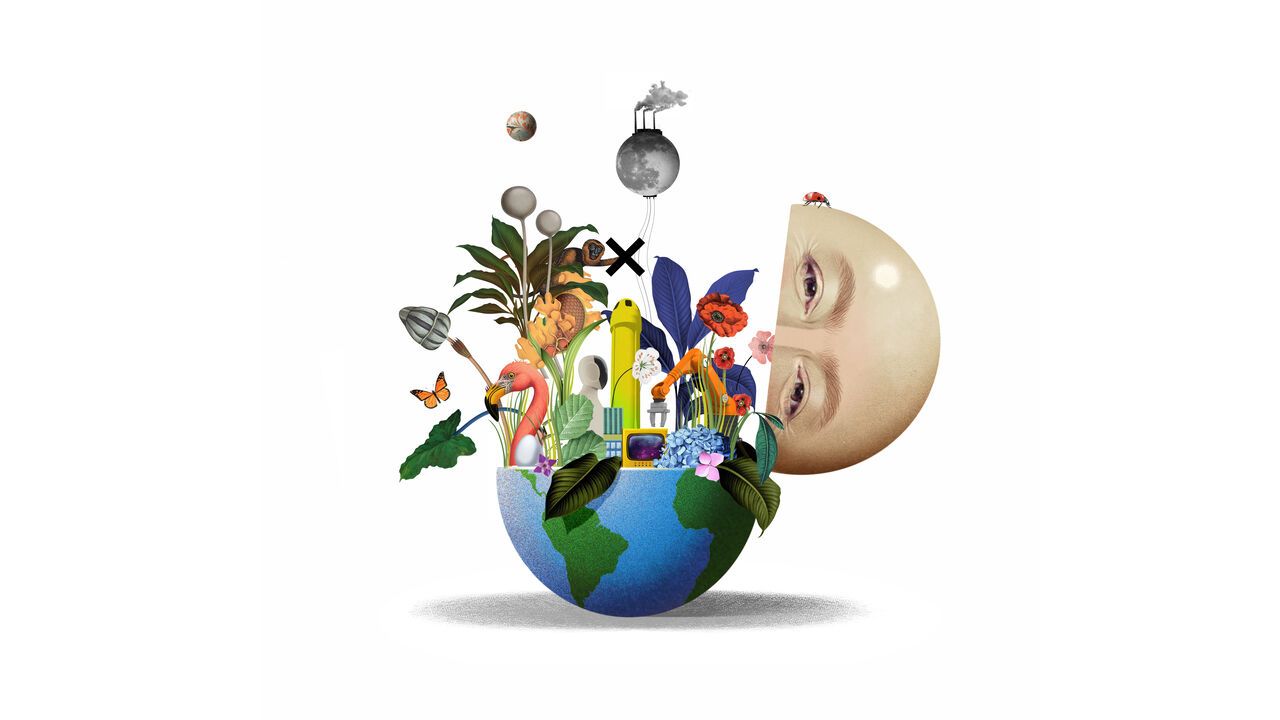 An illustration of the world open, with the lid being Jeff Bezos and inside are fauna and flora and electronics.
