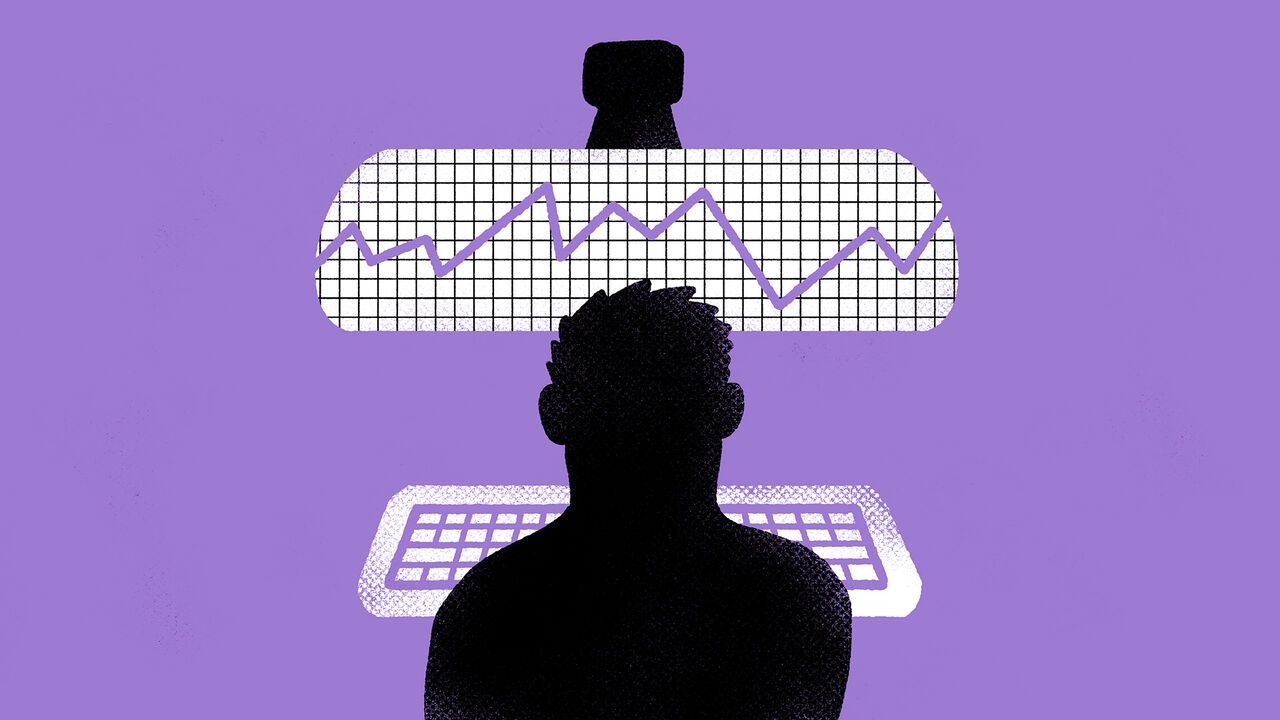 llustration of a silhouetted figure seated at a keyboard, facing a large rearview mirror displaying a fluctuating line graph against a grid background, with a purple backdrop