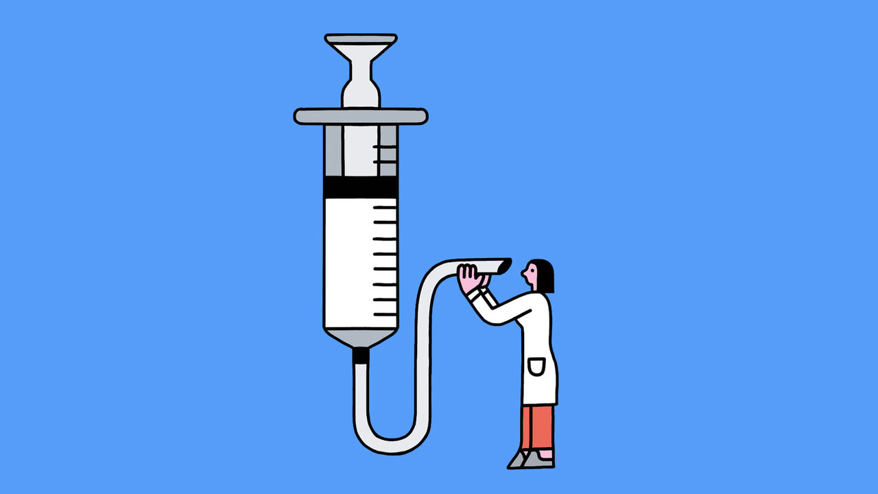 Illustration of a person in a lab coat examining into the needle of an oversized syringe. 