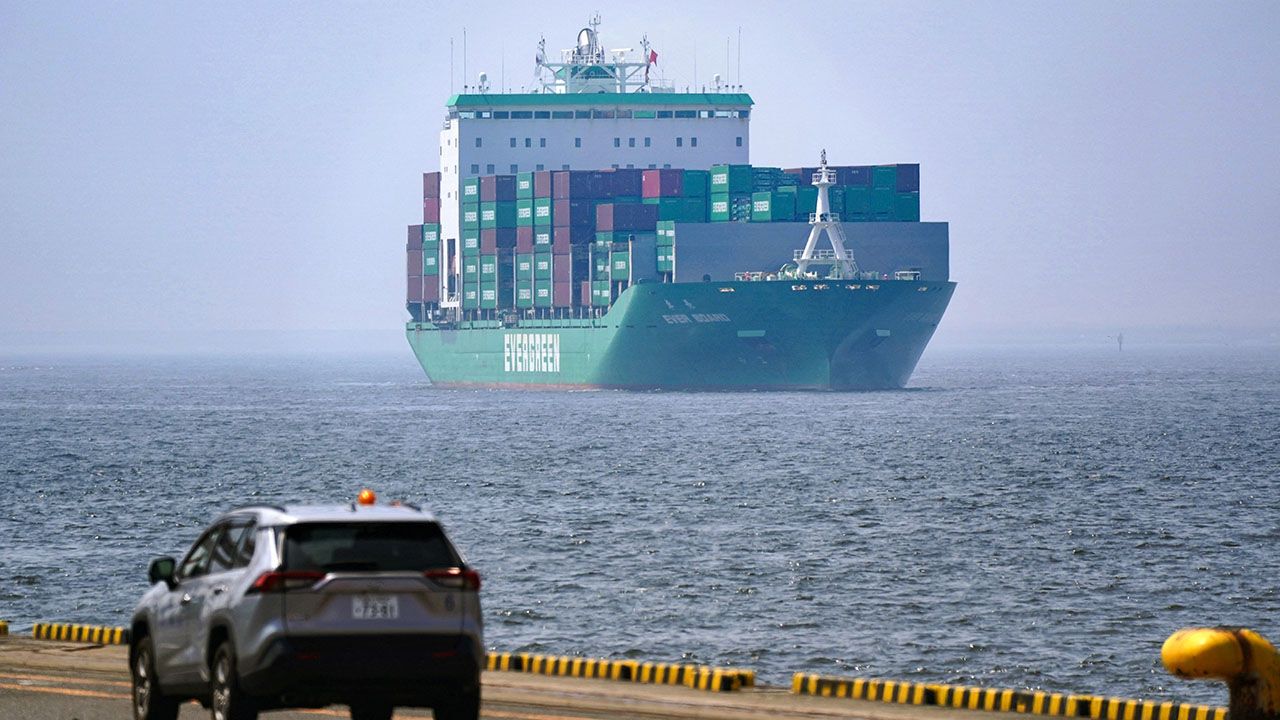 A cargo ship arrives at the port of Tokyo, Japan on July 8th 2025