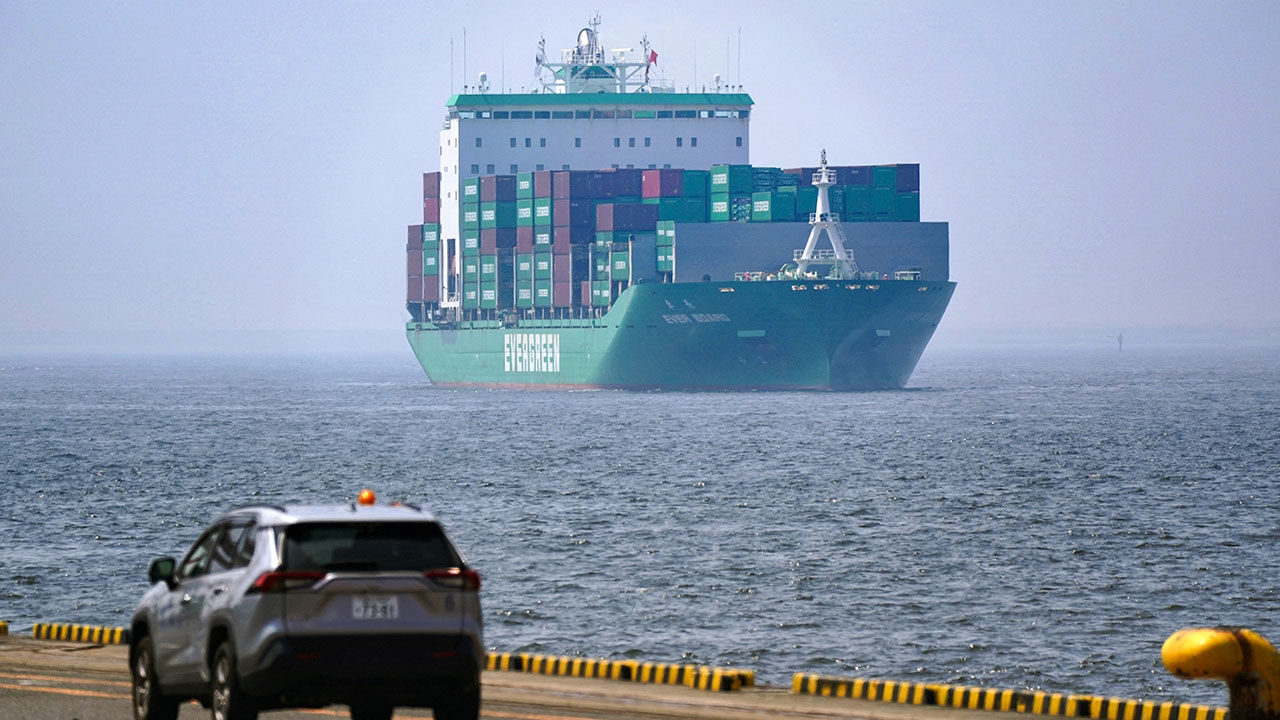 A cargo ship arrives at the port of Tokyo, Japan on July 8th 2025